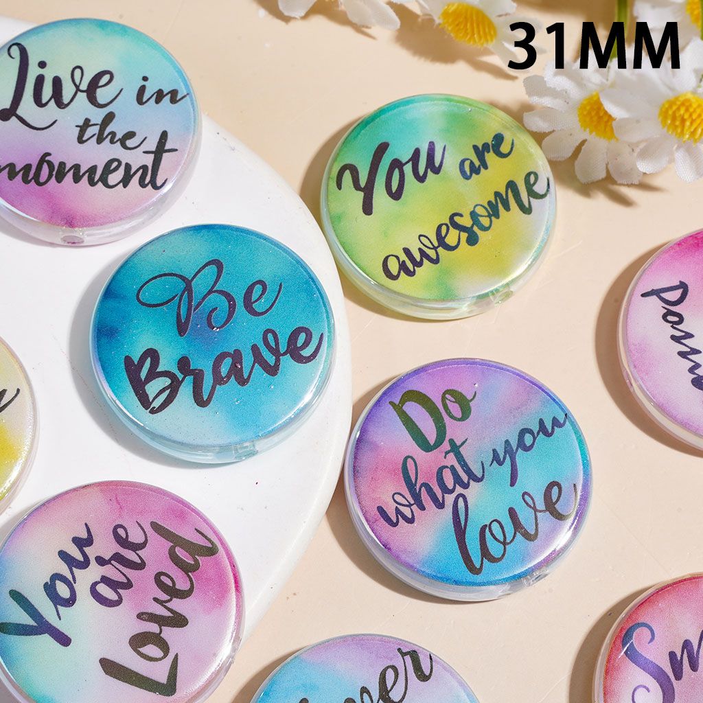 Text "Be Brave" "Follow Your Heart"... UV-Coated Acrylic Beads, 31MM, Ombre Colors, Flat Round Shape, Random Mix