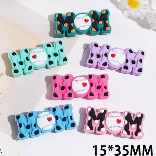 Cute Multi-Color MOM lettering Baseball with Red Mini Heart Silicone Focal Beads, 15*35MM