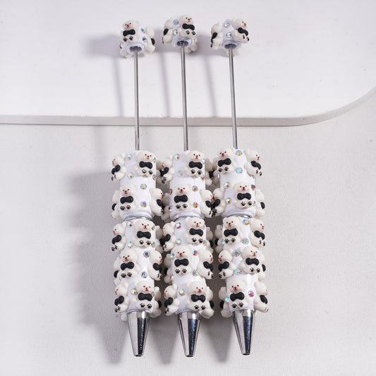 Cute Mini White Bear with Black Bowtie, AB Rhinestones & White Pearl Beadable Clay Pen
