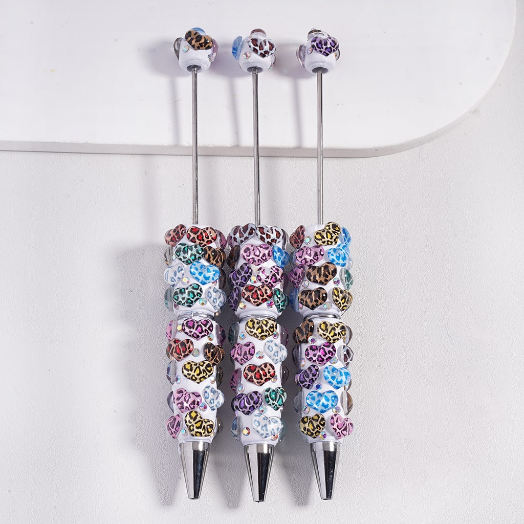Cute Leopard Print Hearts with Rainbow AB Rhinestones Beadable Clay Pen