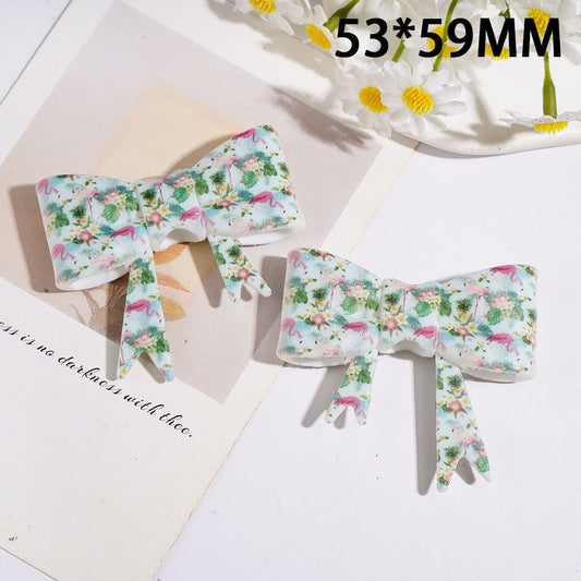 Tropical Flamingo & Green Leaves Print Soft Bowtie-Shaped Silicone Focal Beads, 53*59MM
