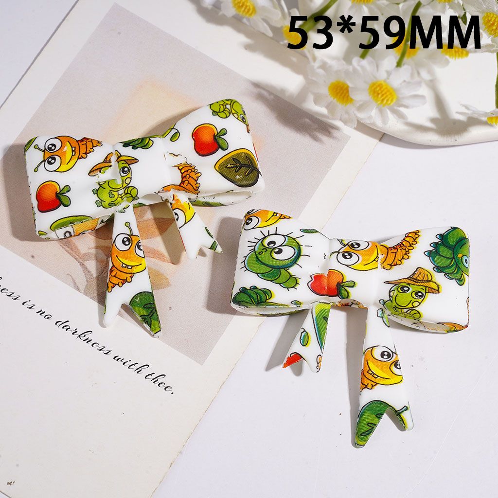 Silicone Focal Beads Soft Bowtie with Caterpillar and Apple Print, 53*59MM