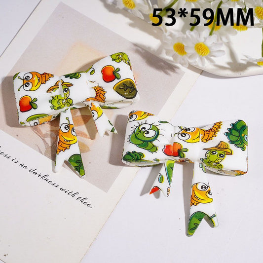 Whimsical Caterpillar & Apple Print Soft Bowtie-Shaped Silicone Focal Beads, 53*59MM
