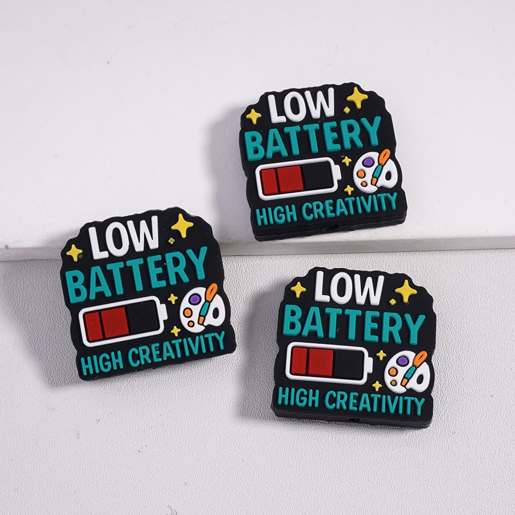 Black Base with Colorful Design, with Text, "Low Battery, High Creativity" Horizontal Hole, Silicone Focal Beads