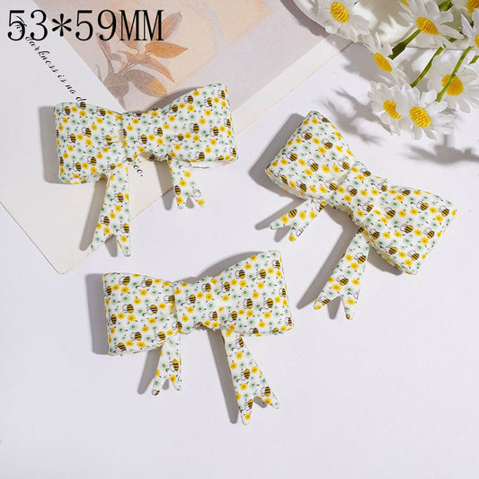 Adorable Chubby Bee with Floral Pattern Soft Bowtie-Shaped Silicone Focal Beads, 53*59MM