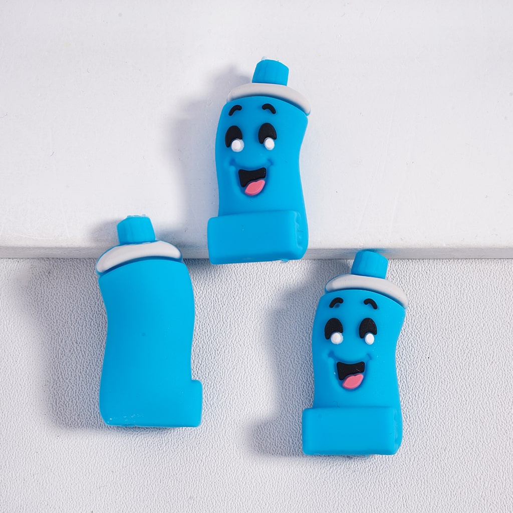 3D Cute Blue Toothpaste Tube Character with Smiling Face Expression Horizontal Hole, Silicone Focal Beads