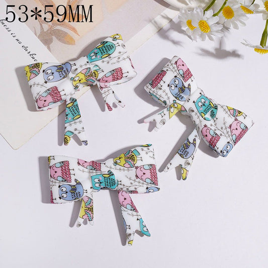 Adorable Cute Owl with Flower & Leaf Pattern Soft Bowtie-Shaped Silicone Focal Beads, 53*59MM