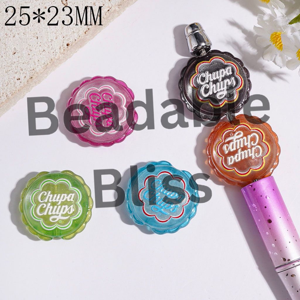 Acrylic Beads Candy Bottle Cap with Glitter, Wavy Edged Flat Round Shape, 25*23MM Multi-Color Random Mix