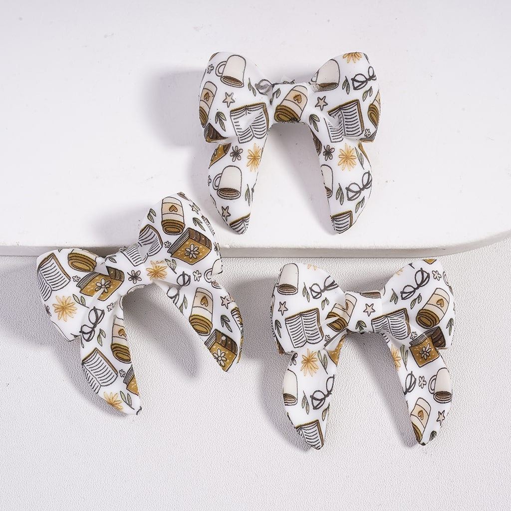 Cute Soft Bowtie Daisy Flowers, Book & Coffee Cup Prints Multi Color Silicone Focal Beads 40mm Random Mix