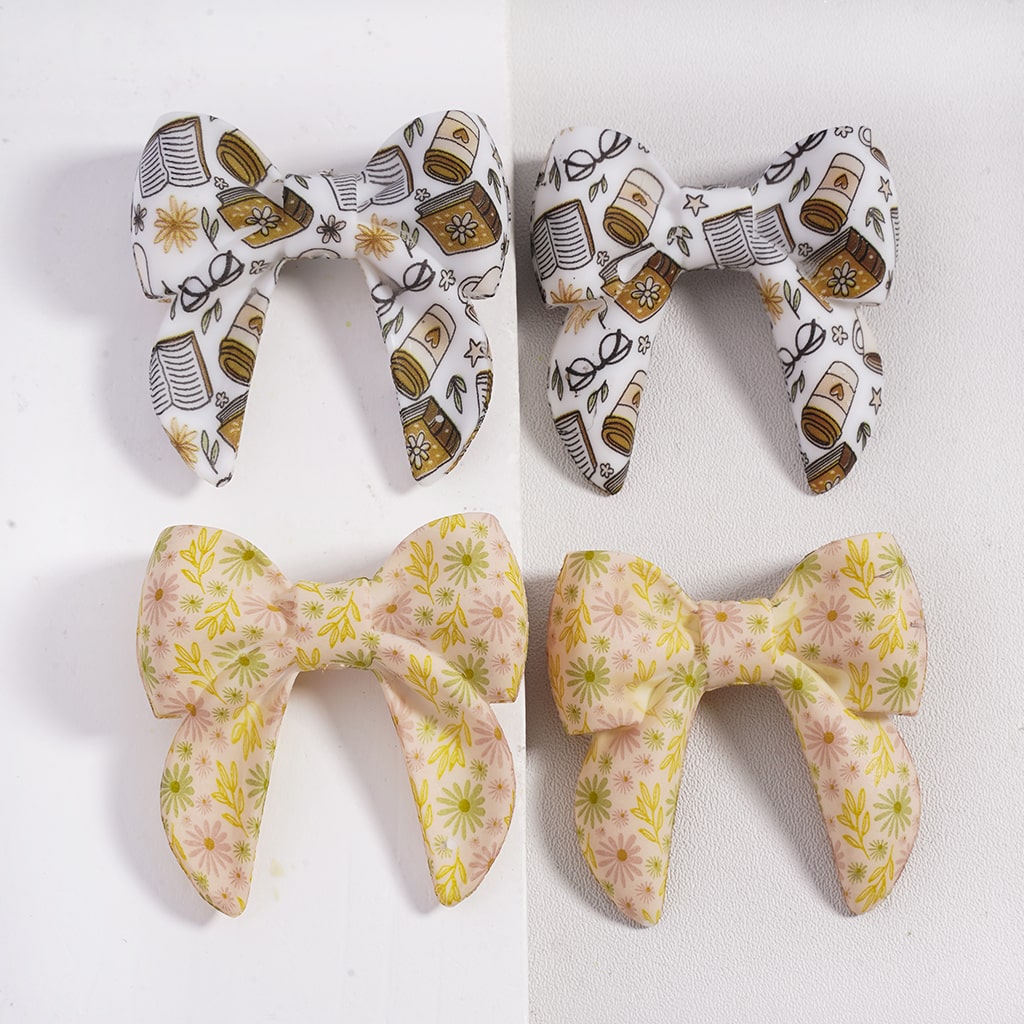Cute Soft Bowtie Daisy Flowers, Book & Coffee Cup Prints Multi Color Silicone Focal Beads 40mm Random Mix