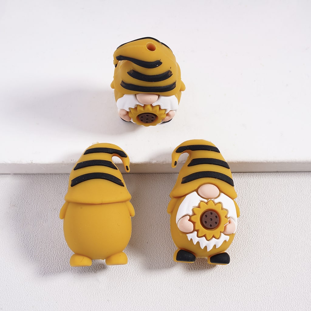3D Gnome Holding Butterfly, Tulip, Sunflower, and Honeybee Assorted Styles Multi Color Silicone Focal Beads