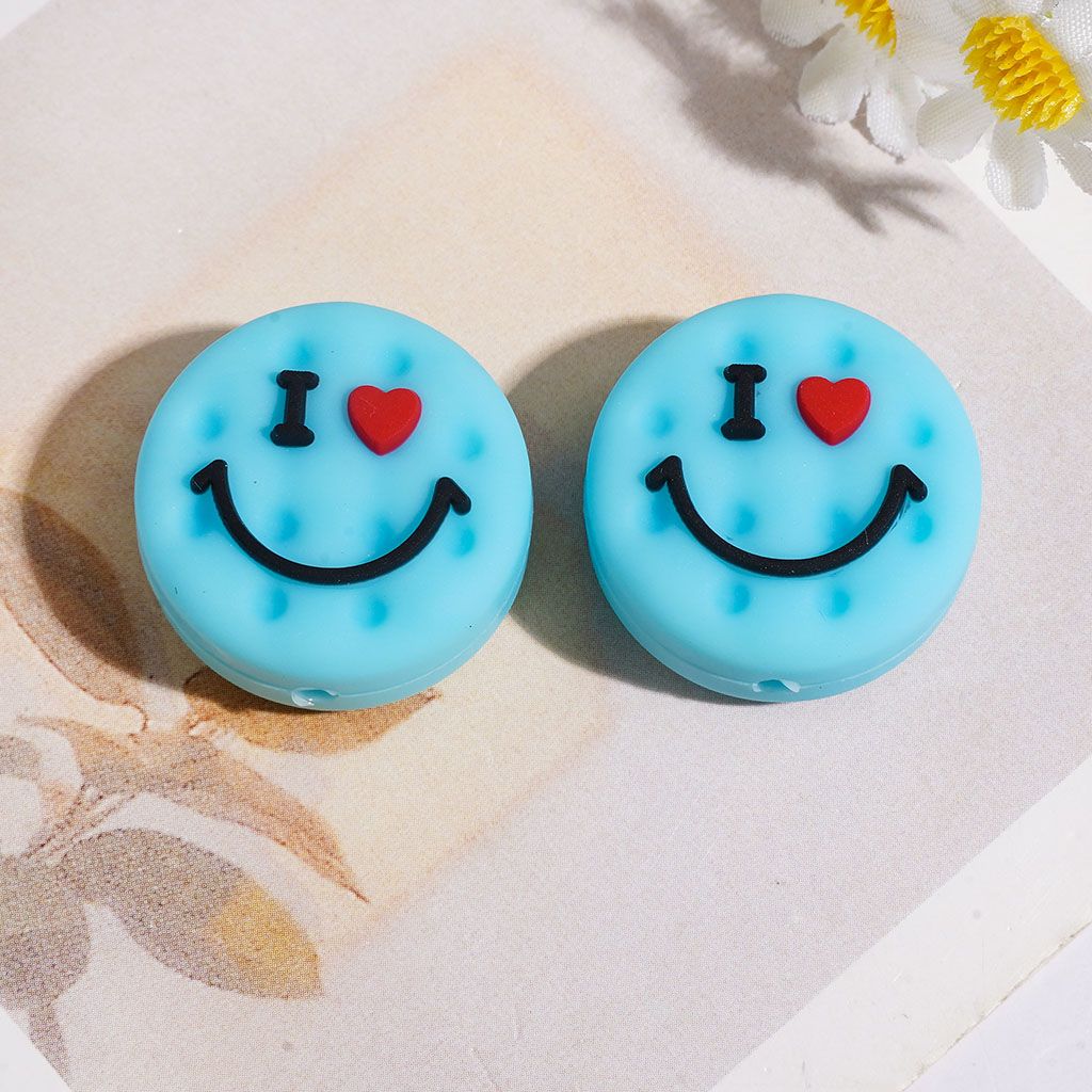 Silicone Focal Beads Cookies with Smiling Face, Flat Round Shape, 23MM Multi-Color