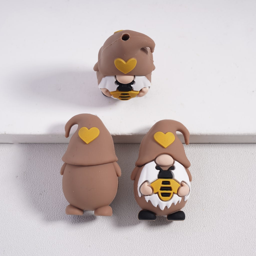 3D Gnome Holding Butterfly, Tulip, Sunflower, and Honeybee Assorted Styles Multi Color Silicone Focal Beads