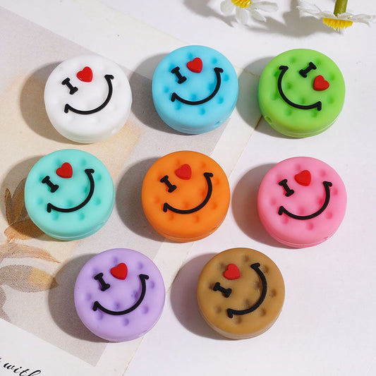 Cute Smiling Face Cookie Design Flat Round Shape Silicone Focal Beads, 23MM, Multi-Color