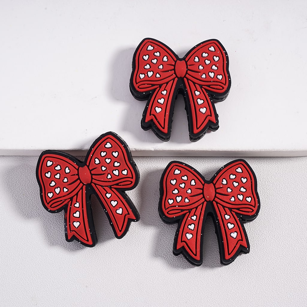 Red Bowtie with Silver Glitter and White Hearts Flat Round Shape,Silicone Focal Beads