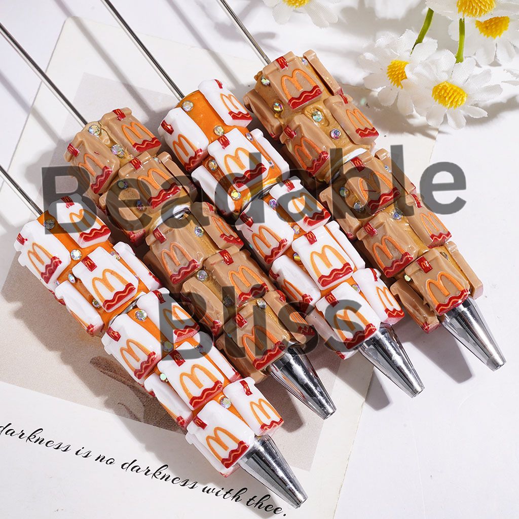 Beadable Clay Pens with Delicious Fast Food Bag and AB Rhinestones, White & Light Brown