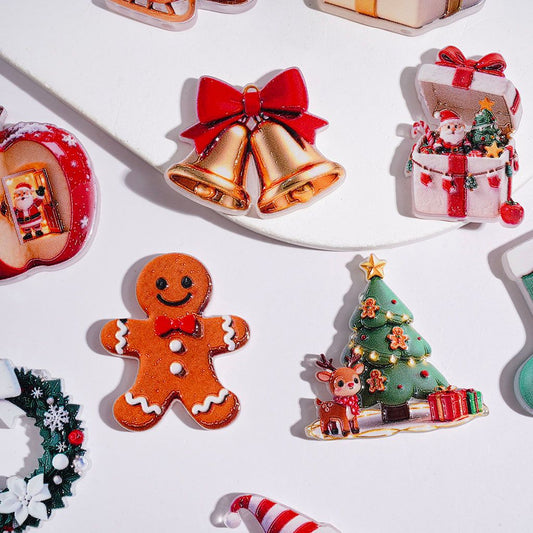 Adorable Holiday Designs Santa Claus, Gingerbread Man, Tree, Gift Box & Wreath Christmas Theme Acrylic Beads, Random Mix