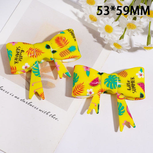 Tropical Flamingo, Pineapple, Watermelon & Monstera Leaf Print Soft Bowtie-Shaped Silicone Focal Beads, 53*59MM