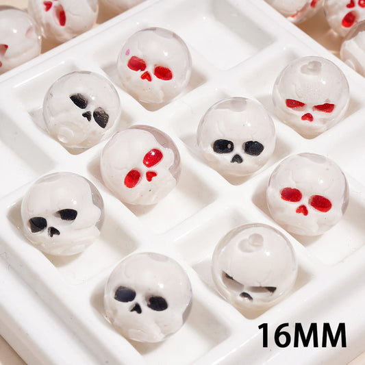 Transparent Embedded White Skull Head with Red & Black Eyes, Halloween Theme Acrylic Beads for Bracelets, 16MM, Random Mix