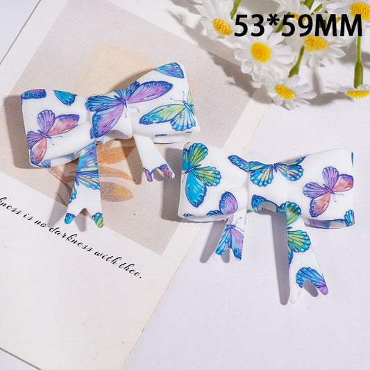 Elegant Colorful Butterfly Pattern Print Bowtie-Shaped Soft Silicone Focal Beads, 53*59MM