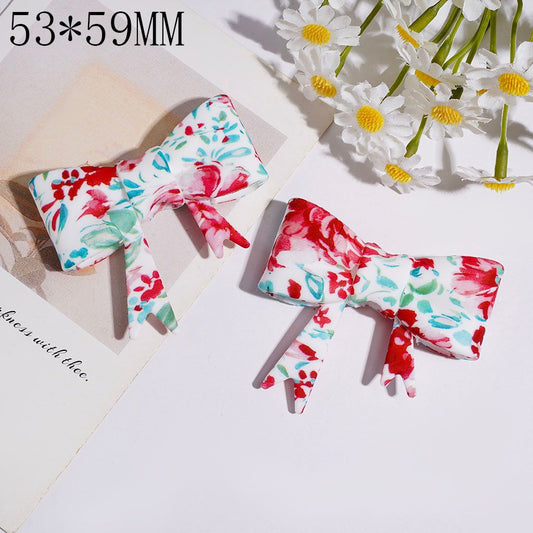 Charming Green Leaves & Red Flower Print Soft Bowtie Shaped Silicone Focal Beads, 53*59MM