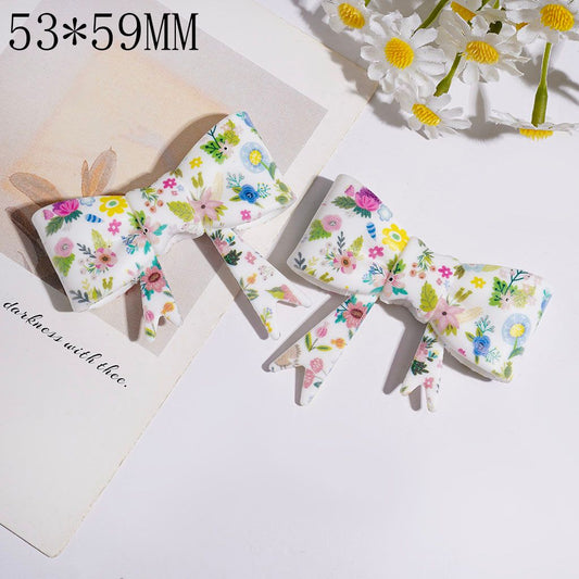 Adorable Colorful Various Flower Prints Bowtie-Shaped Soft Silicone Focal Beads, 53*59MM