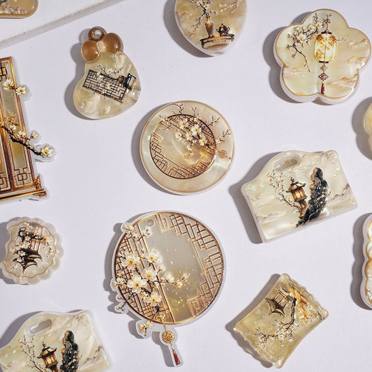 Elegant Traditional Chinese-Style, Gold-Foiled Plum Blossom, Pavilion, Lantern & Window Landscape Acrylic Beads & Pendants, Random Mix