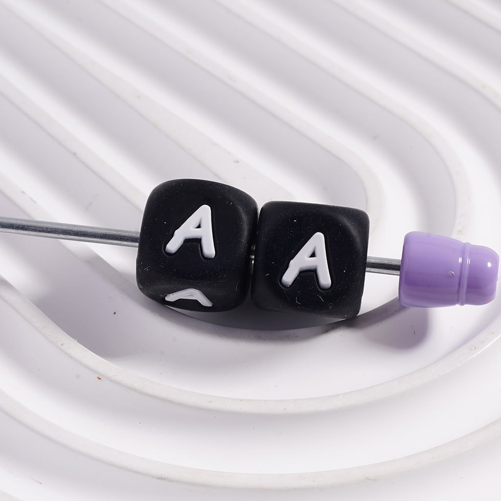 Black Cube Square Shape Silicone Focal Beads with White Initial Letters