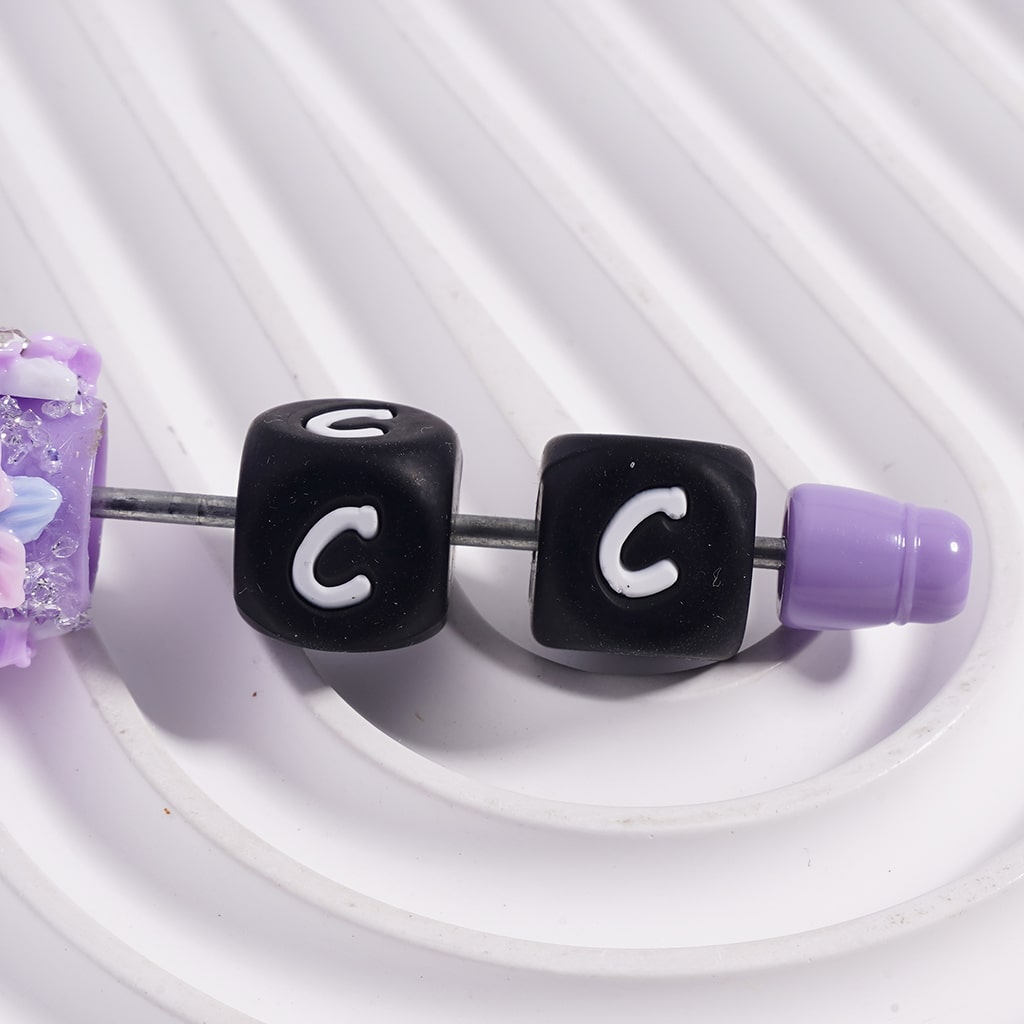 Black Cube Square Shape Silicone Focal Beads with White Initial Letters