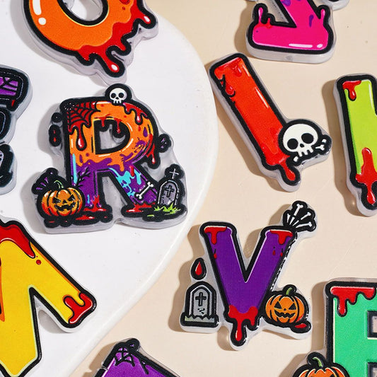 Spooky Alphabet All Letters with Red Drip Effect, Pumpkin & Skull Motifs Halloween Theme Acrylic Beads, Random Mix