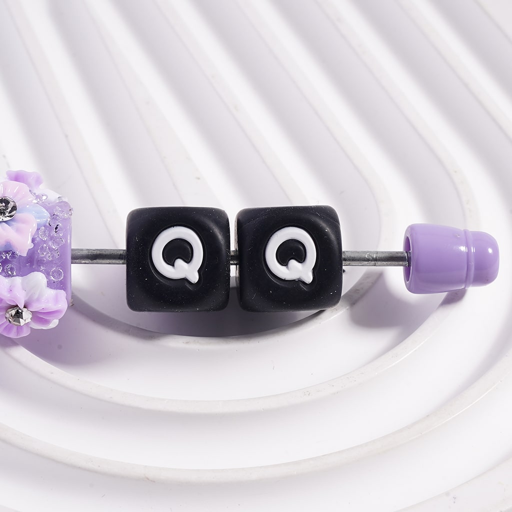 Black Cube Square Shape Silicone Focal Beads with White Initial Letters