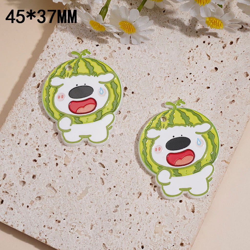 Acrylic Charm Pendant w Little White Dog Wearing Watermelon Headgear, Hanging Loop 45*37MM