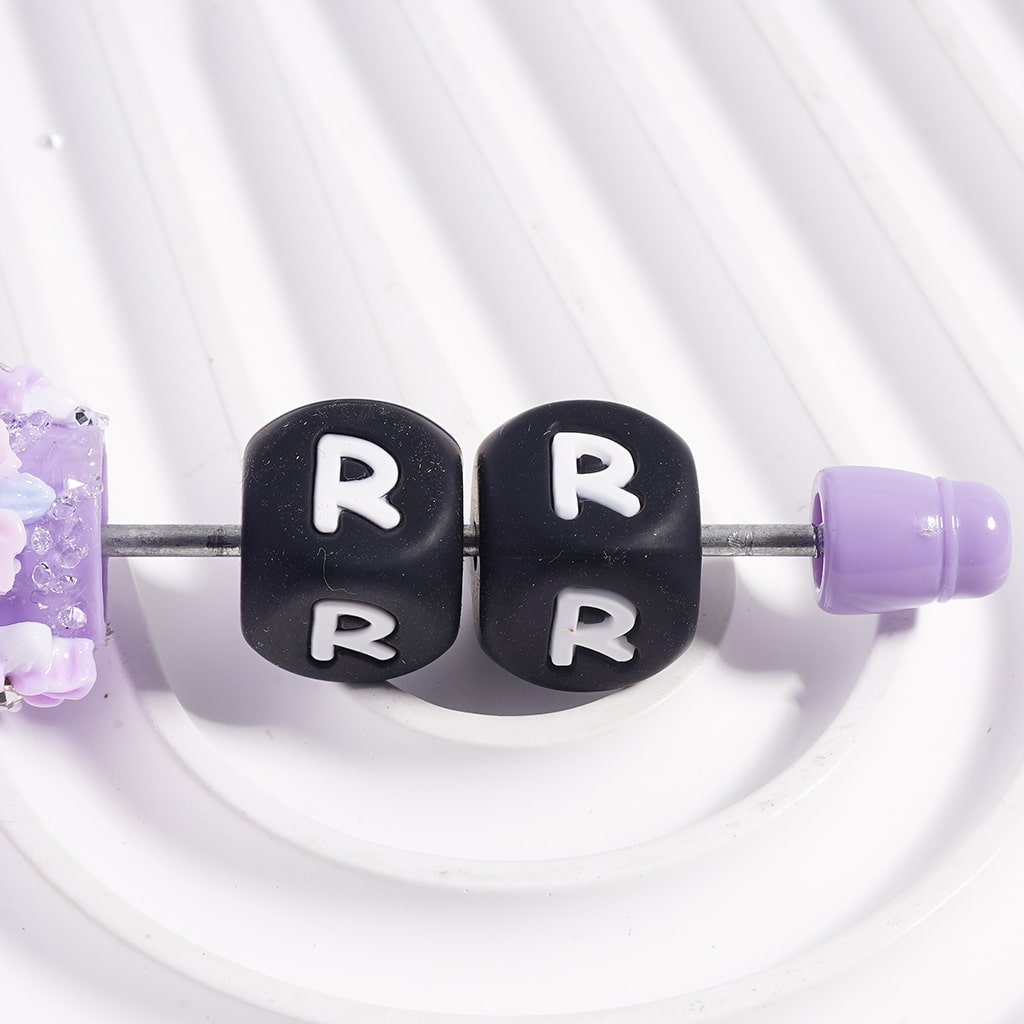 Black Cube Square Shape Silicone Focal Beads with White Initial Letters
