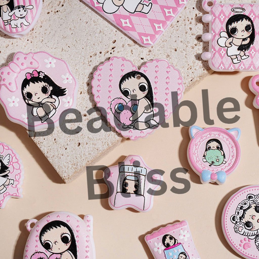 Acrylic Beads and Pendants Big Eyes Girl Character in Pink Series, Random Mix