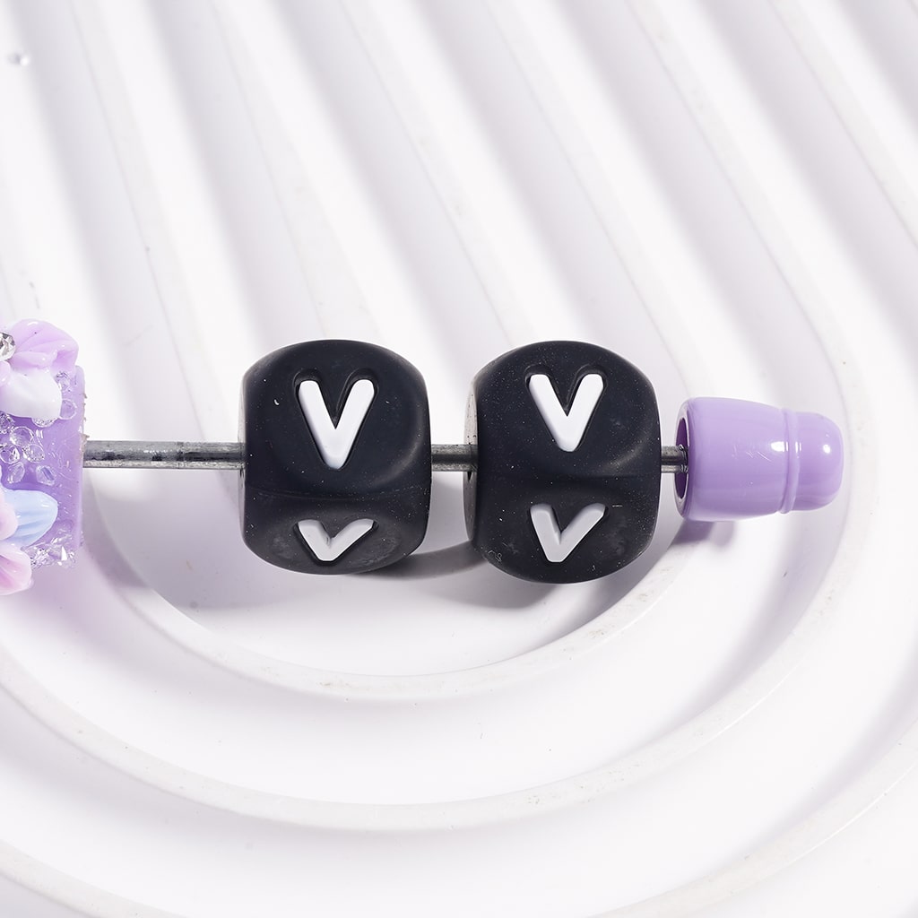 Black Cube Square Shape Silicone Focal Beads with White Initial Letters