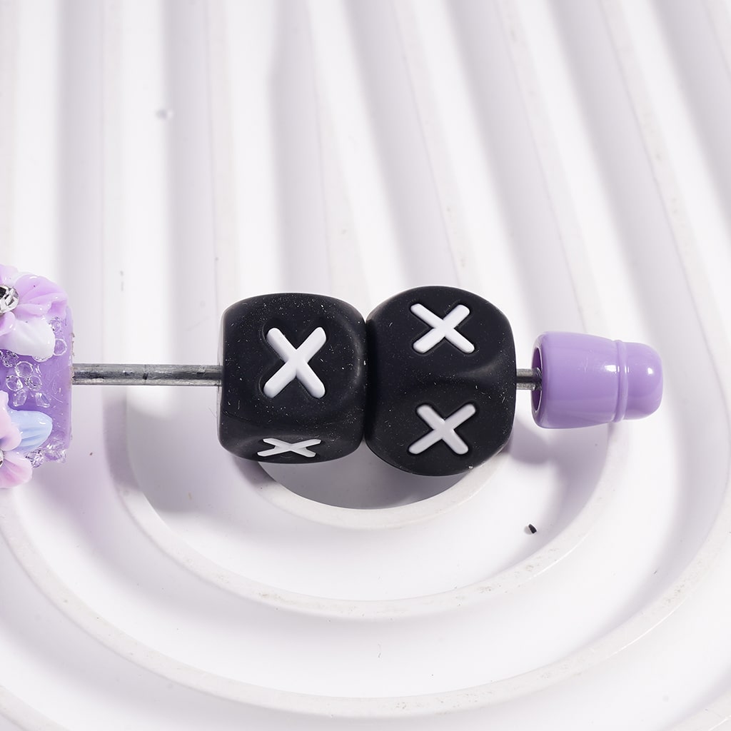 Black Cube Square Shape Silicone Focal Beads with White Initial Letters