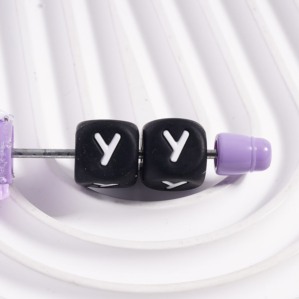 Black Cube Square Shape Silicone Focal Beads with White Initial Letters