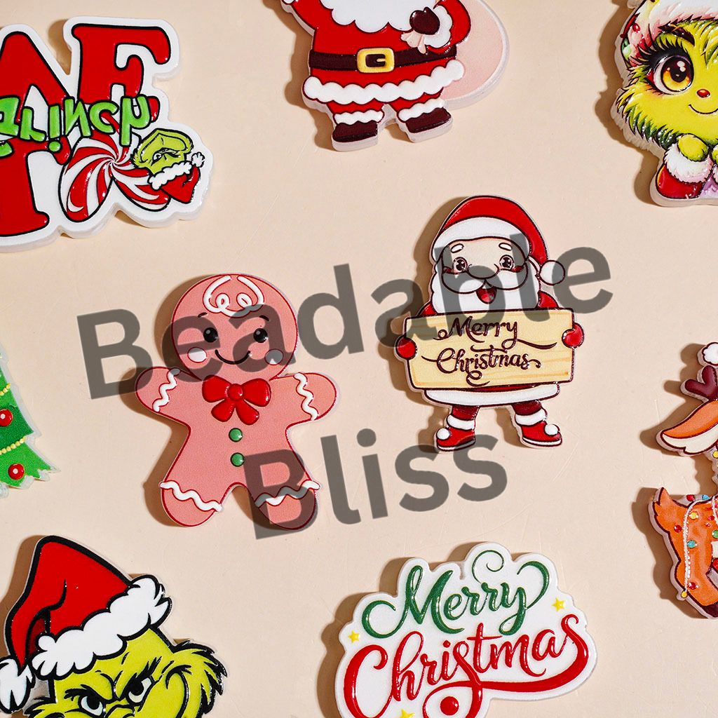 Christmas Green Series Character Santa Claus Gingerbread Man Christmas Tree Reindeer Acrylic Beads, Random Mix