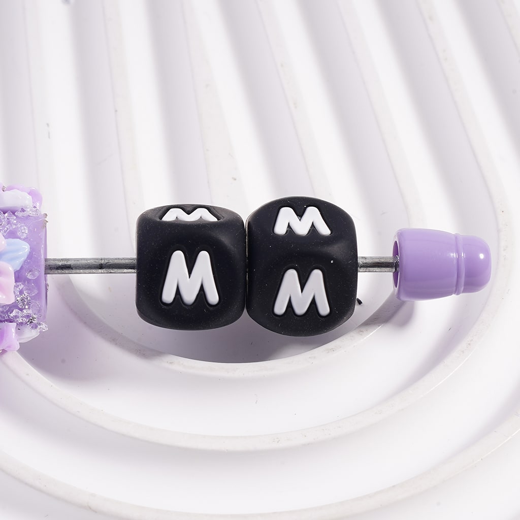 Black Cube Square Shape Silicone Focal Beads with White Initial Letters