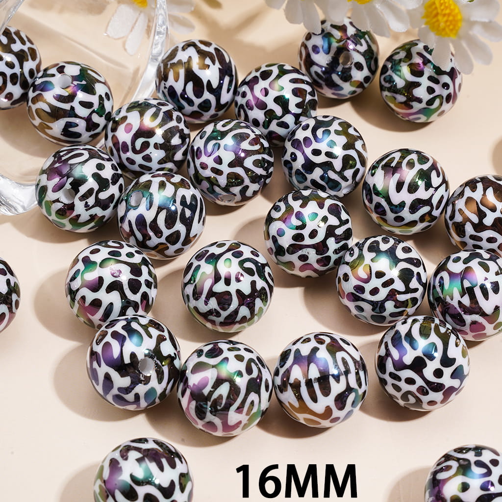 UV Coated Shiny Iridescent Colorful Cow Print Pattern Round Acrylic Beads for Bracelets, 16MM