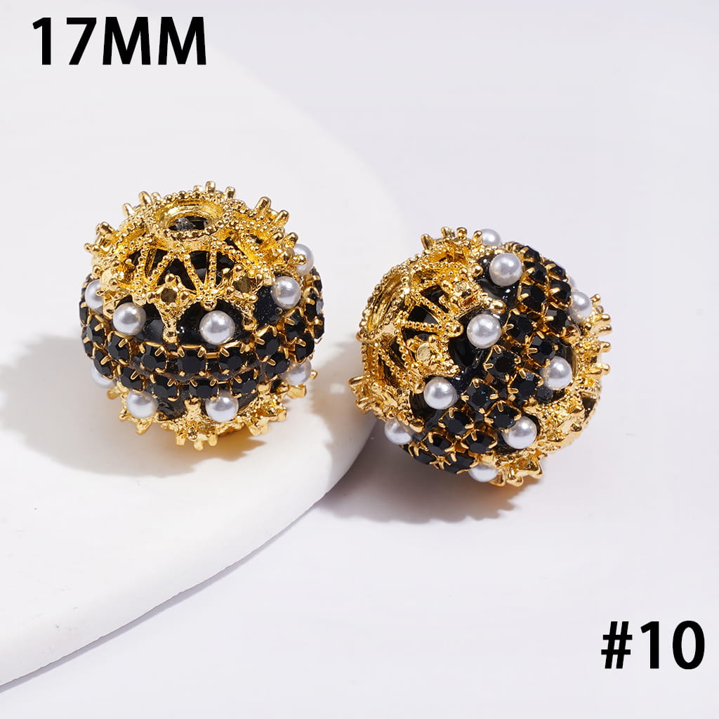 Hand-Made Acrylic Beads w Gold Filigree, Double-Layer Pearls & Clear Rhinestone Chain 17MM, Multi-Color