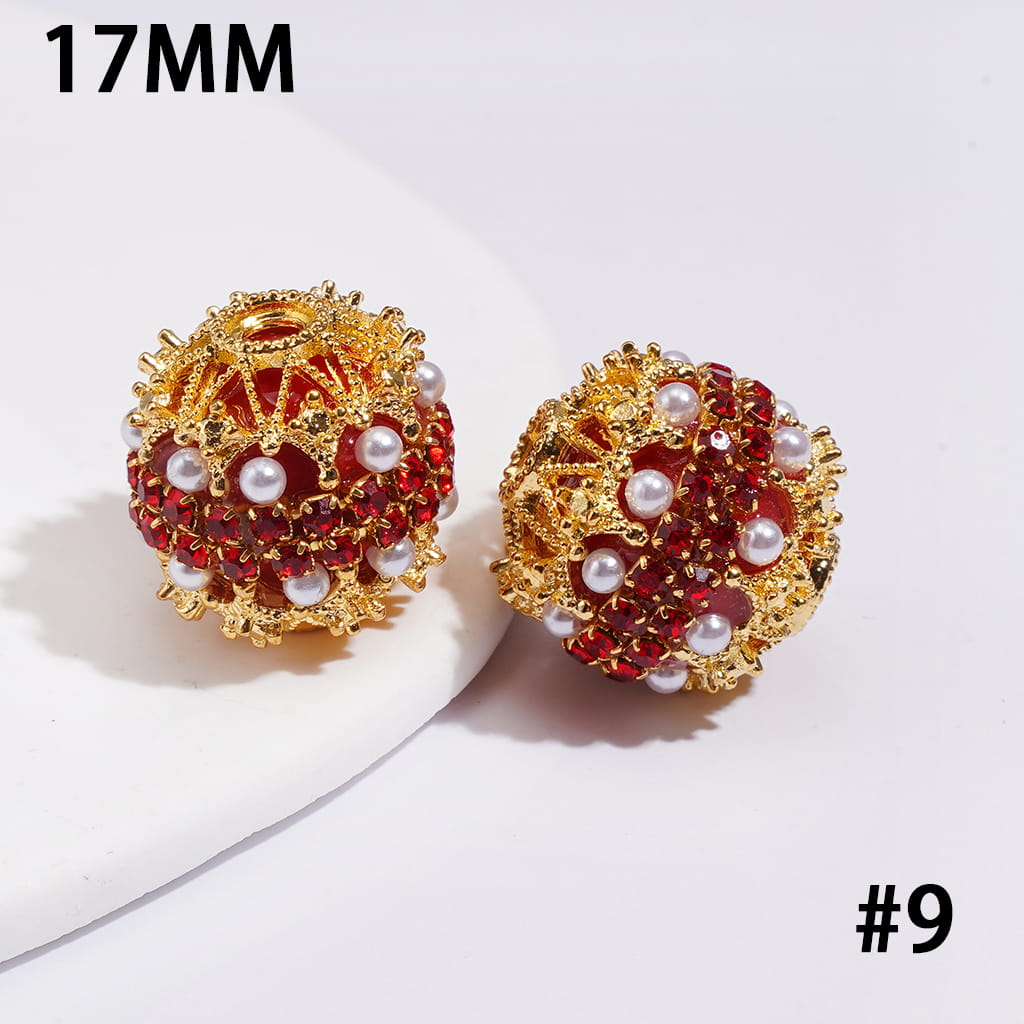 Hand-Made Acrylic Beads w Gold Filigree, Double-Layer Pearls & Clear Rhinestone Chain 17MM, Multi-Color
