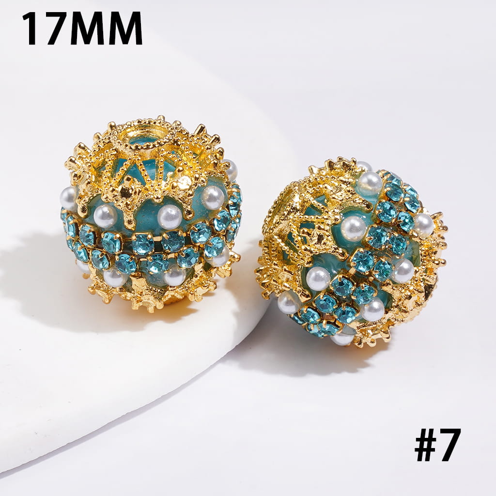 Hand-Made Acrylic Beads w Gold Filigree, Double-Layer Pearls & Clear Rhinestone Chain 17MM, Multi-Color