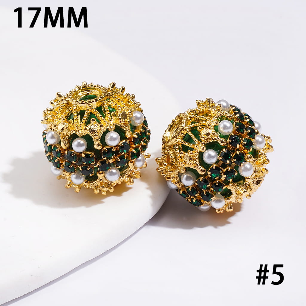 Hand-Made Acrylic Beads w Gold Filigree, Double-Layer Pearls & Clear Rhinestone Chain 17MM, Multi-Color