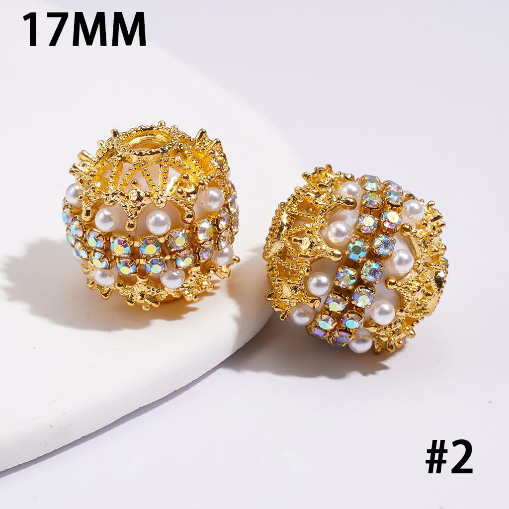 Hand-Made Acrylic Beads w Gold Filigree, Double-Layer Pearls & Clear Rhinestone Chain 17MM, Multi-Color