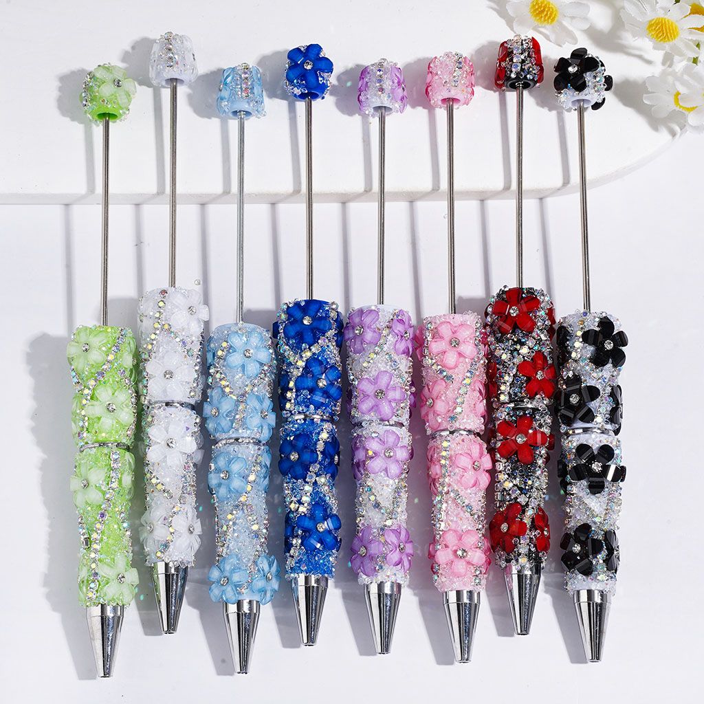 Handmade Beadable Sugar Pens with Cone Shaped Rhinestones and Glittery Flowers, AB Rhinestone Chains, Multi-Color