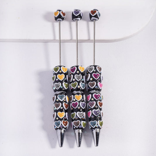 Black Stripes & Heart Designs with AB Rhinestones Beadable Clay Pens