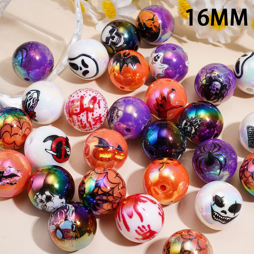 UV Coating Acrylic Beads for Bracelets w Halloween Horror Character Series Print, 16MM, Random Mix