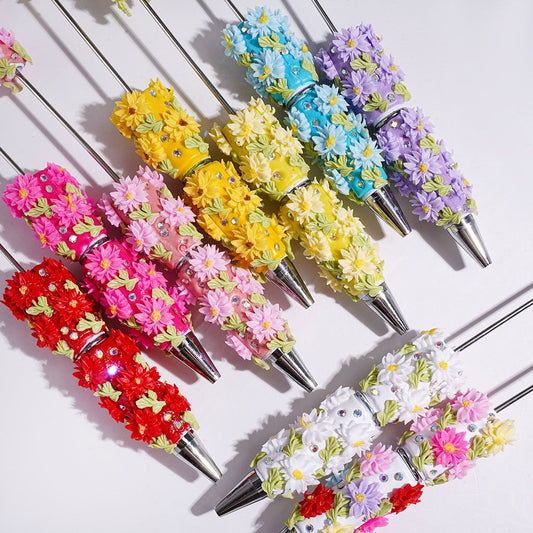 Elegant Flower & Light Green Leaf with Sparkling AB Rhinestone & Half-Shell Pearl Beadable Clay Pens, Multi-Color