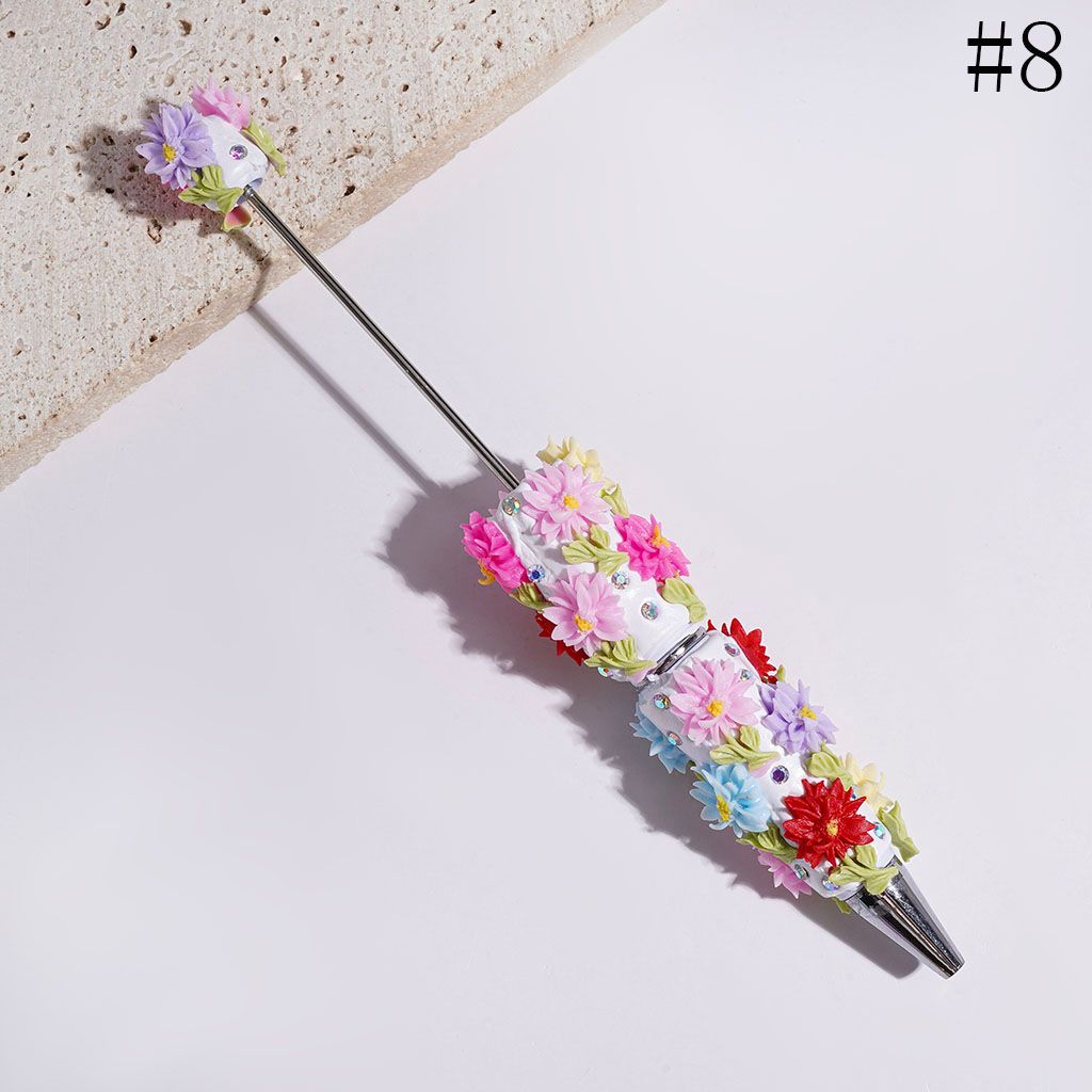 Beadable Clay Pens with Flower Light Green Leaf and AB Rhinestone, Pen Cap with Half-Shell Pearl, Multi-Color